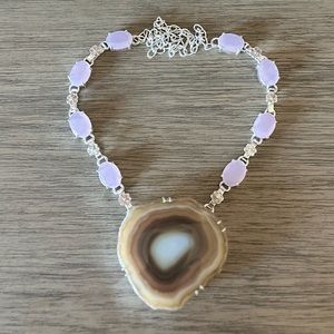 1023 Large Solar Agate Stone Pendant Statement Necklace Vintage Style Jewelry